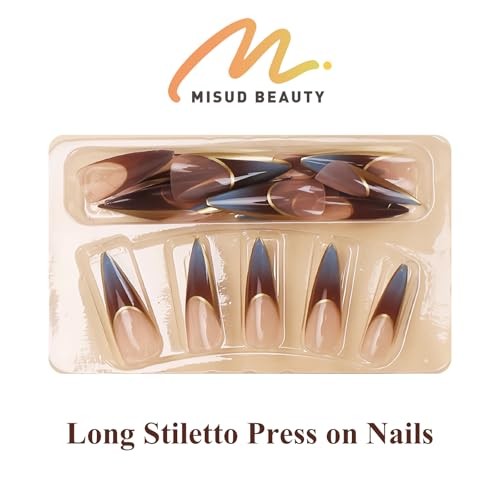 Press on Nails – Long Stiletto Fake Nails with Ombre, Acrylic Gold 06109Brown