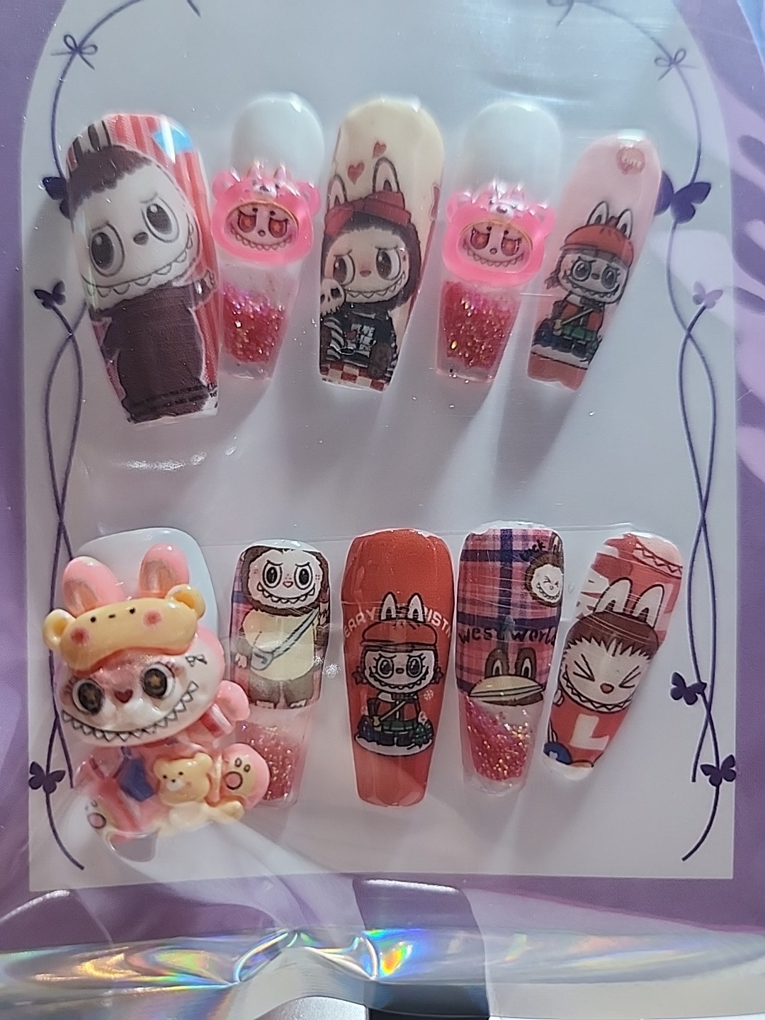 Press On Nails Large Coffin Pink Labubu With Waternails