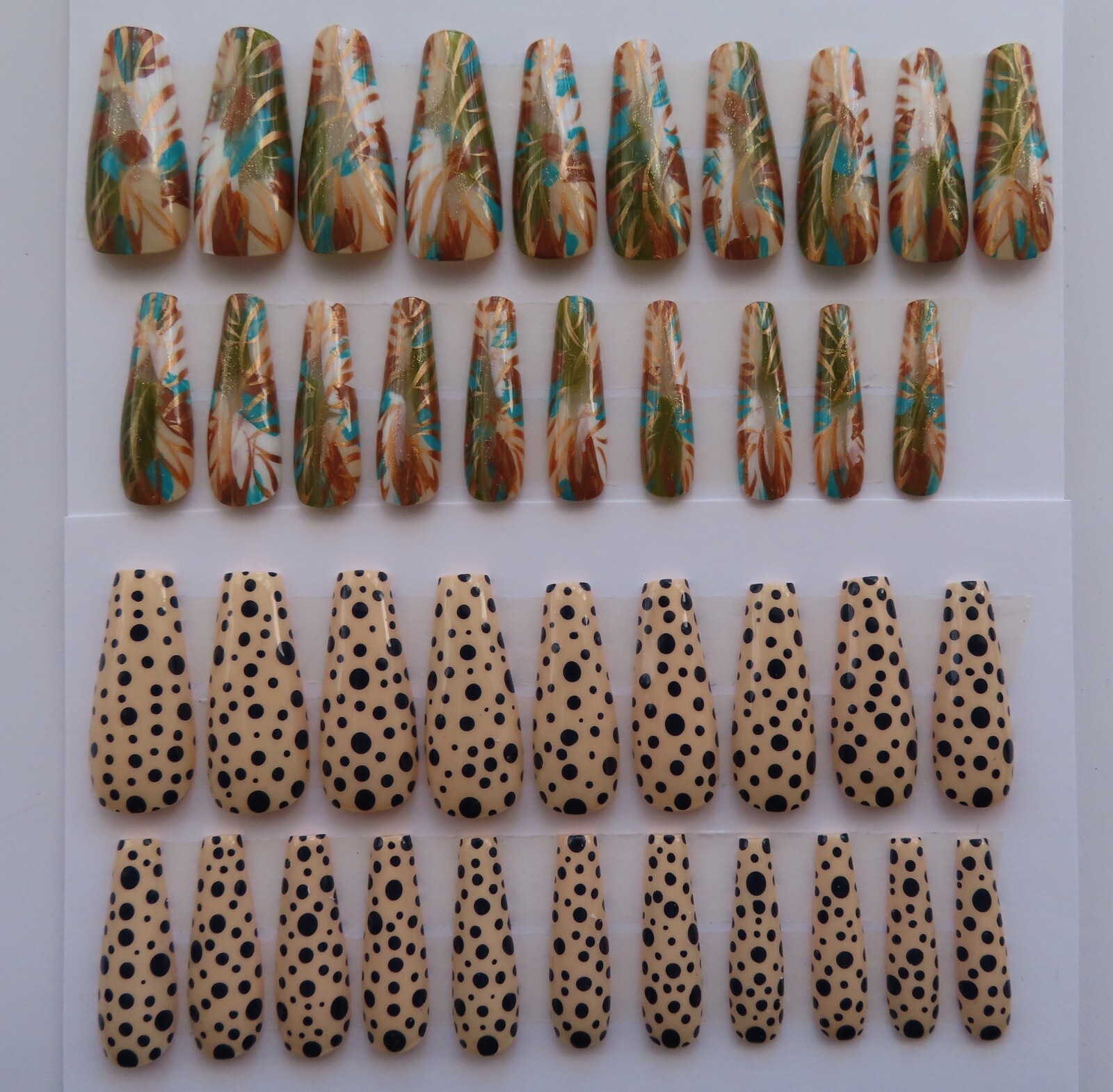 (2) Set Cream Black Polka Dot | White Green Bronze Abstract Coffin Press-On Nail