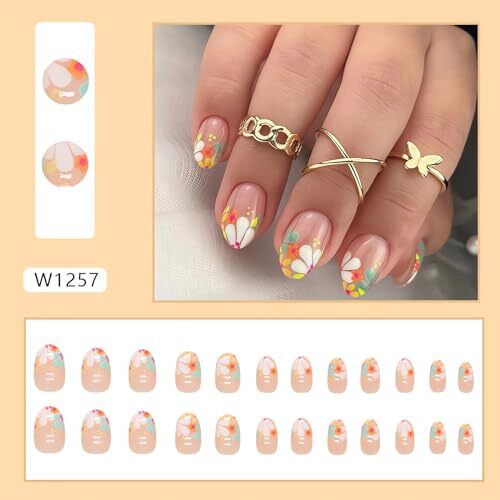 24 Pcs Short Oval Press on Nails Colorful Flower Fake Nails Short Floral