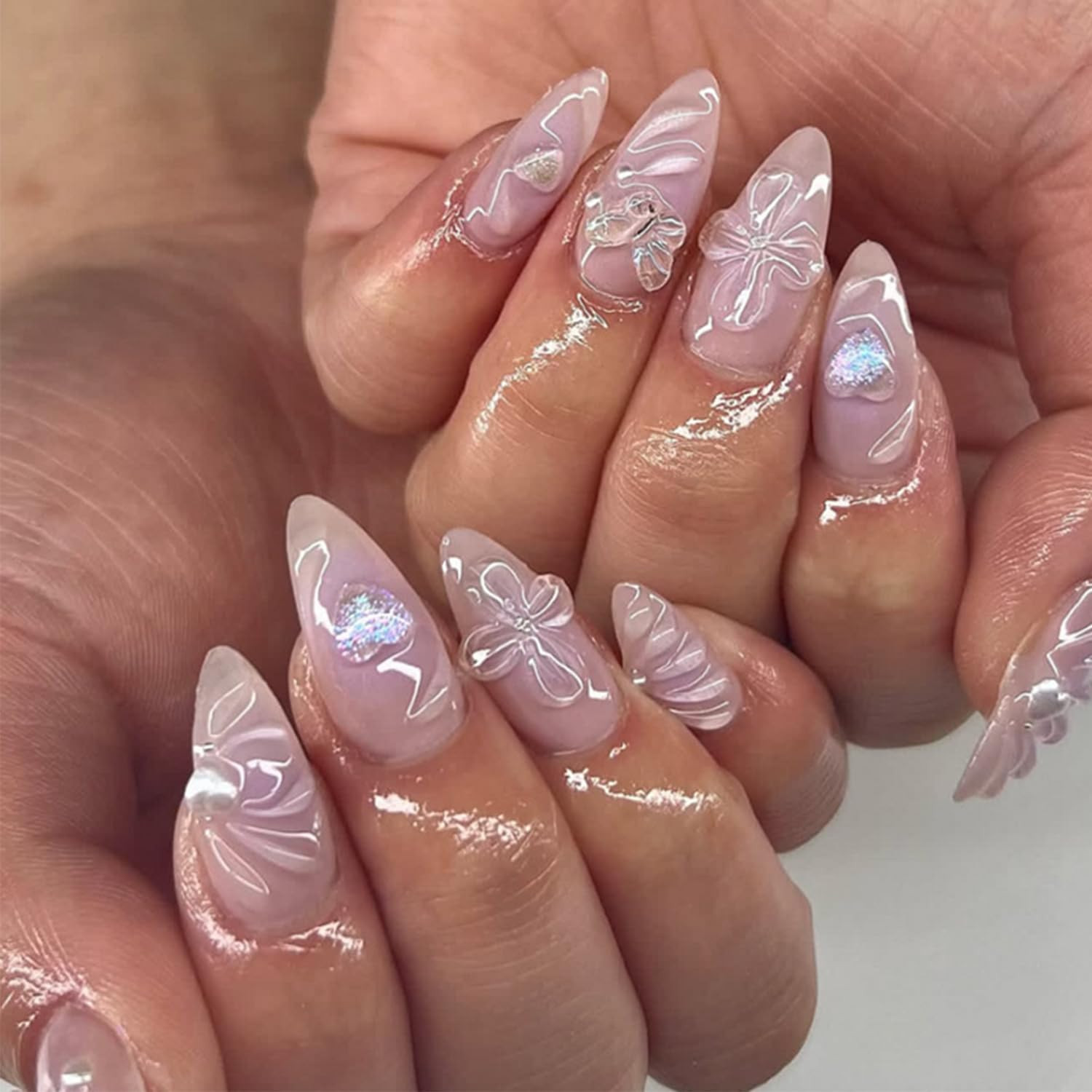 24Pcs Spring Flower Press on Nails Medium Almond Gradient Purple False Nails wit
