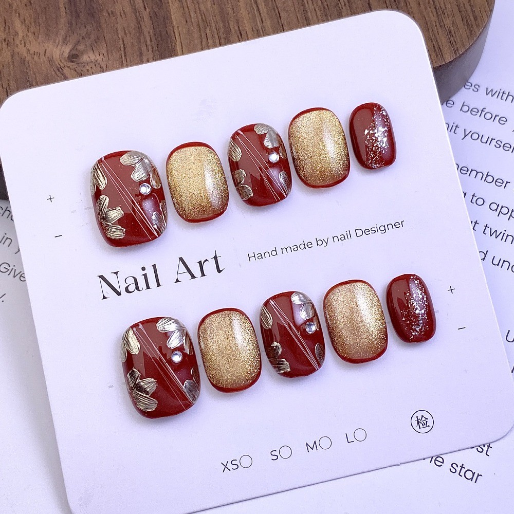 10Pcs Gradient Wine Red Gold Nails Cat Eye Pearl Foil Party Nail Art