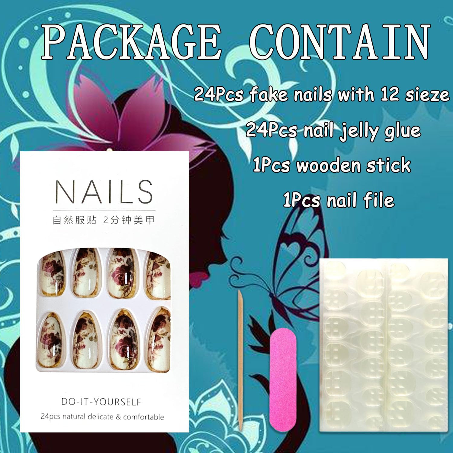 Press on Almond Nails Medium Length Glossy Full Cover Acrylic Rose Floral