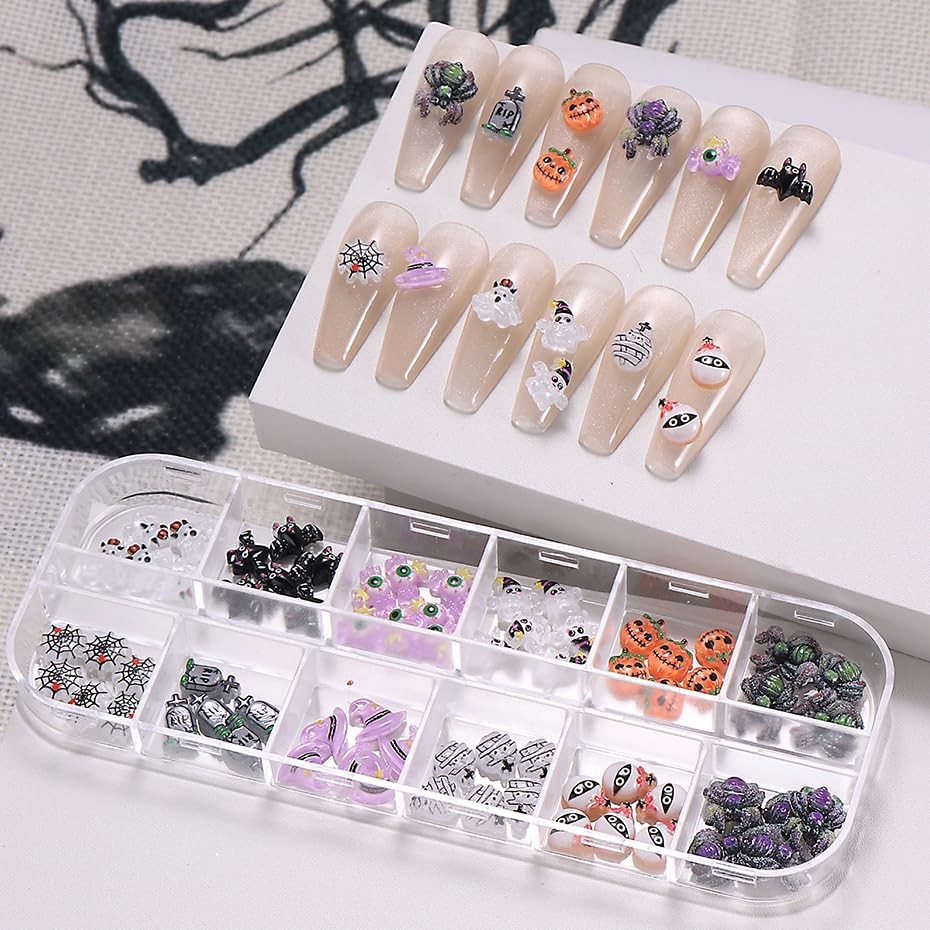 12 Grid Halloween Nail Charms Rhinestones Cute Spider Pumpkin Bat Resin Nail …