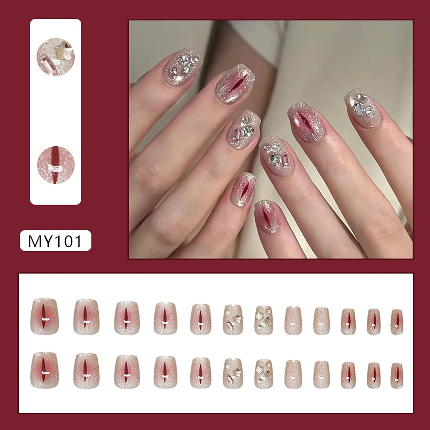 Press-on Square French False Nails, 24 Pcs (12 Sets), Glossy Acrylic, Multico…
