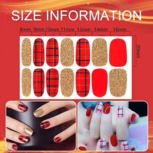 16 Sheets Red Plaid Nail Polish Strips for Women Nail Stickers Red Plaid Style