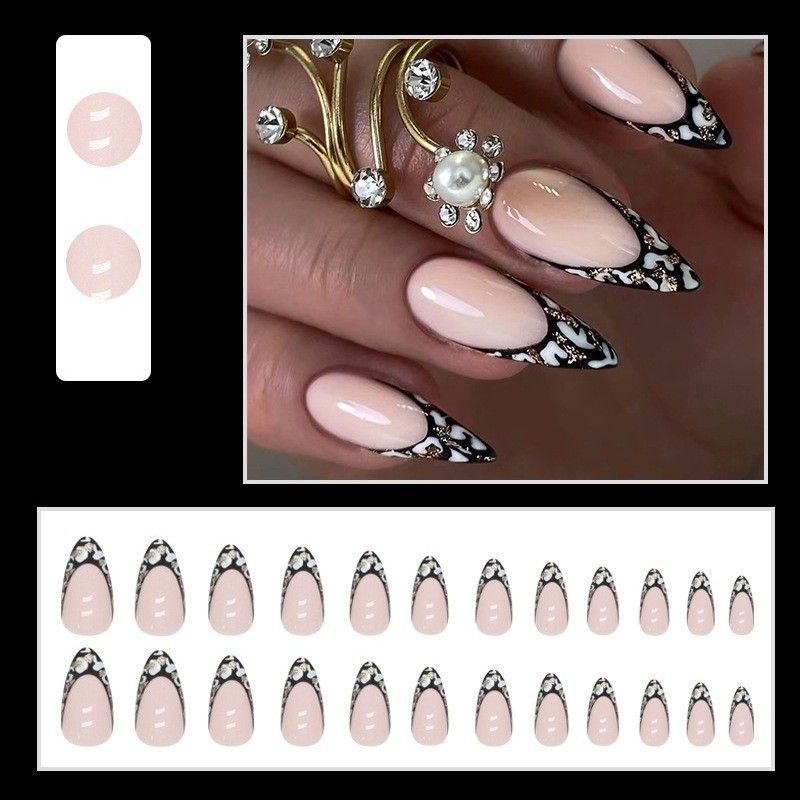 48Pcs-Nude Black Marble French Stiletto Press on Nails Gold Flake Elegant Nails