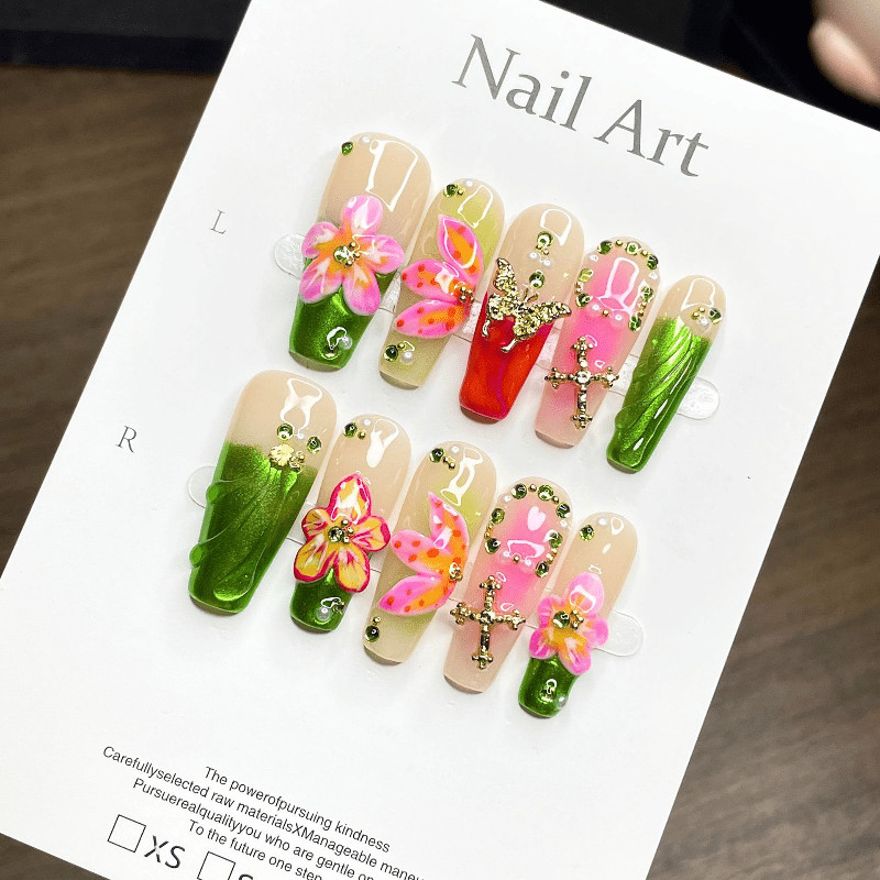 10pcs Almond Press on Nails, Green Pink Floral Cross Rhinestone Glam Nails