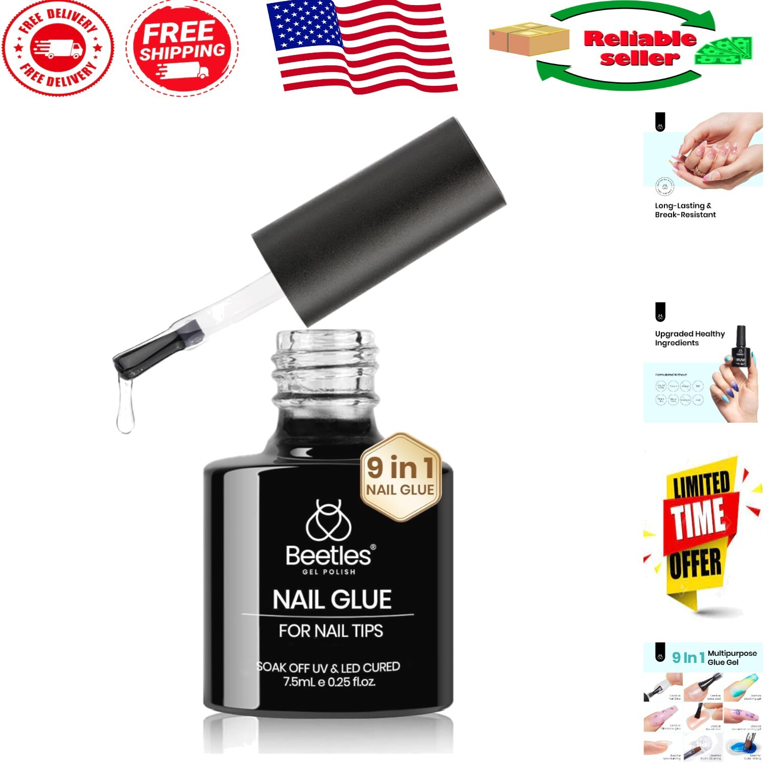 Beetles 9-in-1 Nail Glue Gel for Long-Lasting Acrylic & False Nails – 7.5ML