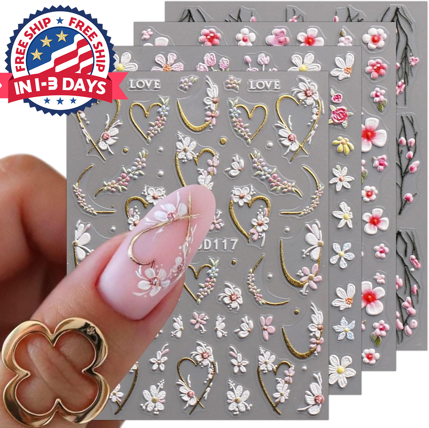 4 sheet Calcomanías de arte de uñas con flores en relieve 3D,primavera, verano,