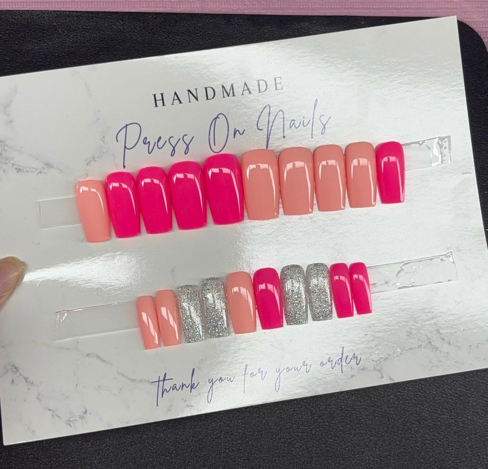 Medium square Press on nails silver glitter neon pink peach handmade gel
