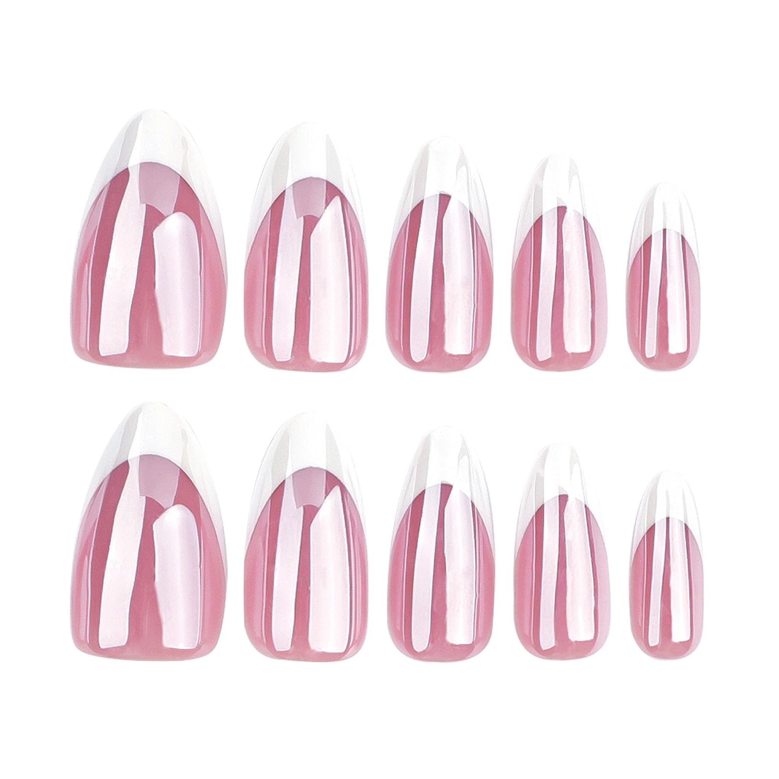 Chrome Press on Nails Almond Medium White French Tip Fake Nails Fading Red Fu…