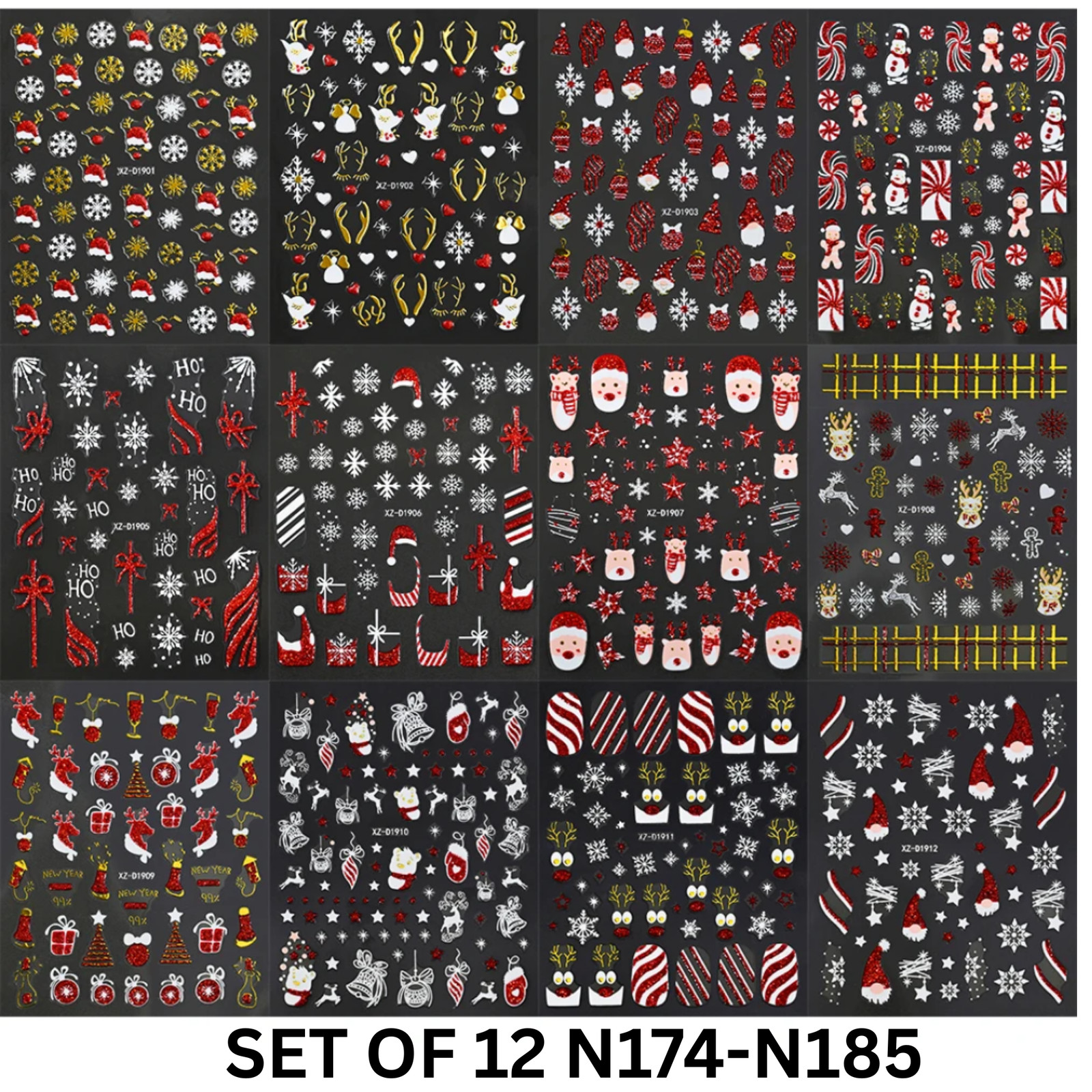 Set of 12 Christmas 3D Nail Decals – Holiday Reindeer, Candy Cane, Santa & Snowf