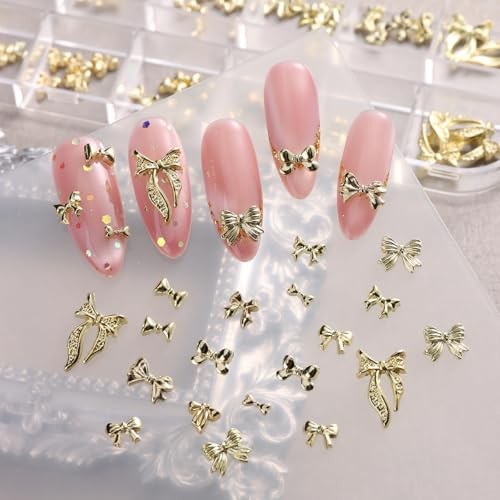 90PCS Gold Bow Nail Charms, Small Bowties for Nail Art Mix Size 3D Alloy Metal