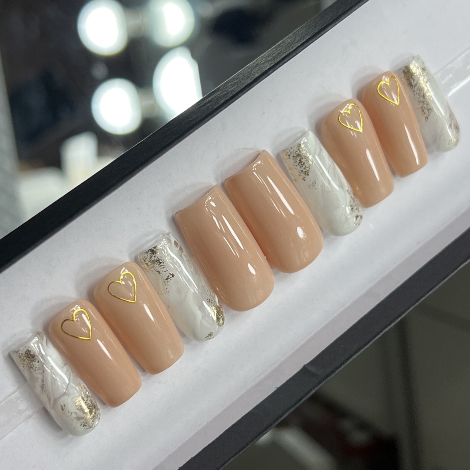 💕 CUSTOM Gel Press On Nails, MARBLE Nude HEART W BLING 10p FULL SET W Kit