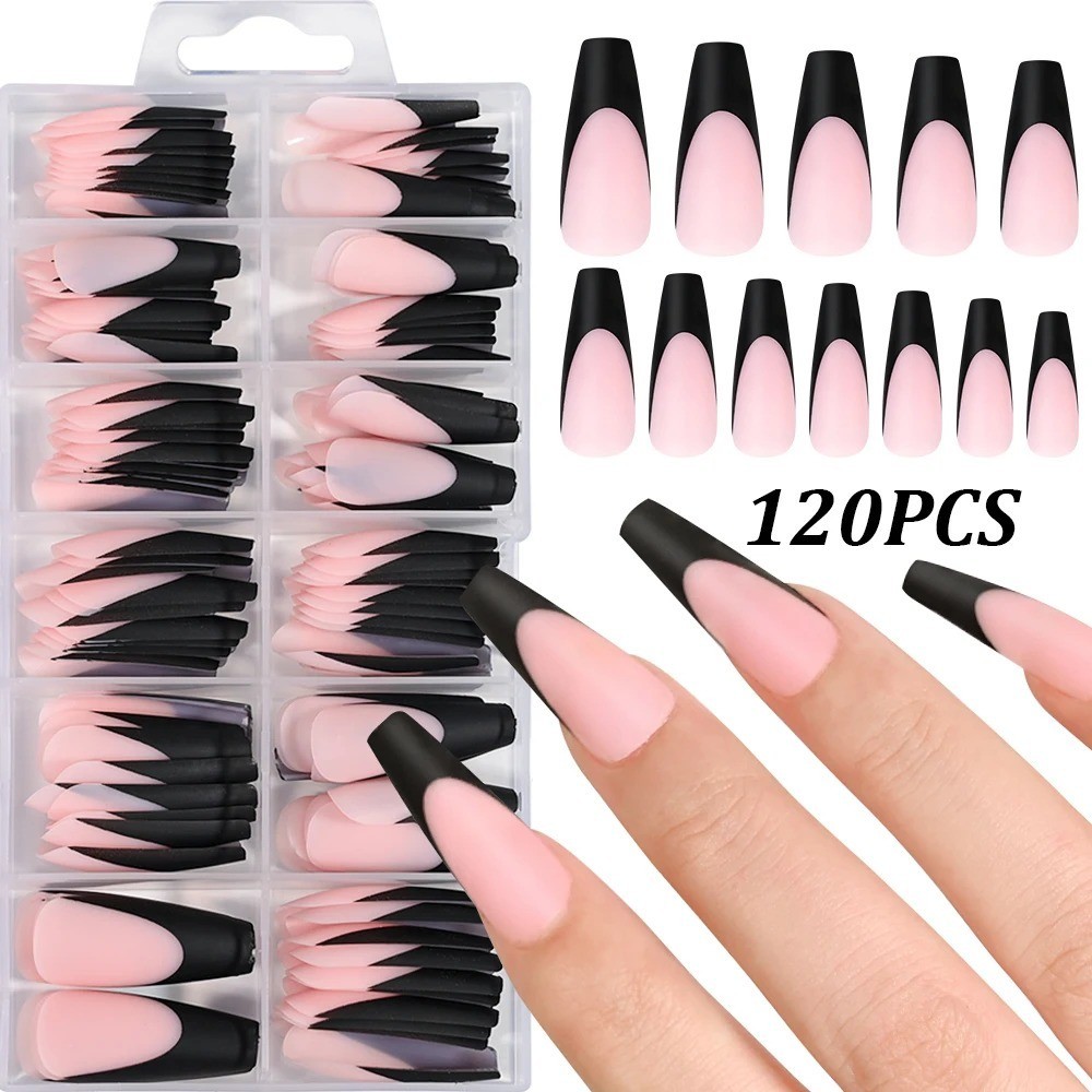 360/240/120pcs Light Pink Almond Press On Nails Glossy White French Fake Nail Si