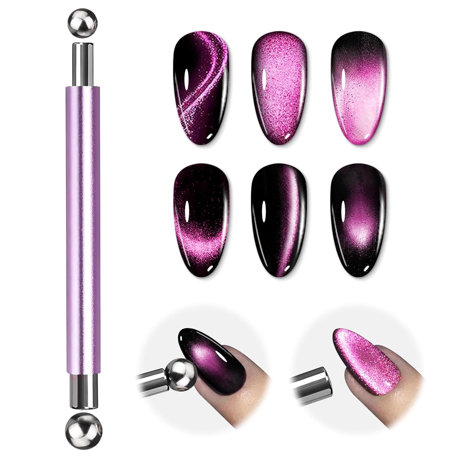 EBANKU 3-In-1 Cat Eye Magnet Nail Art Tool, Double-Head Cylindrical & round Ball