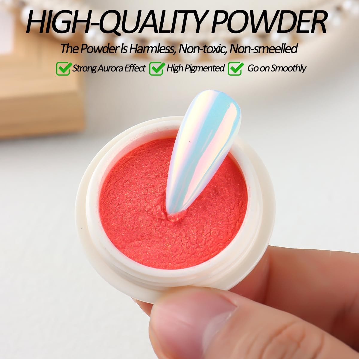 2 Jars Chrome Nail Powder Red and Gold Aurora, Iridescent Fairy Fine Chrome S…