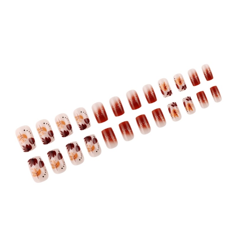 24 Pieces Acrylic Nail Short Square Glossy Maple Leaf Designs For Autumn