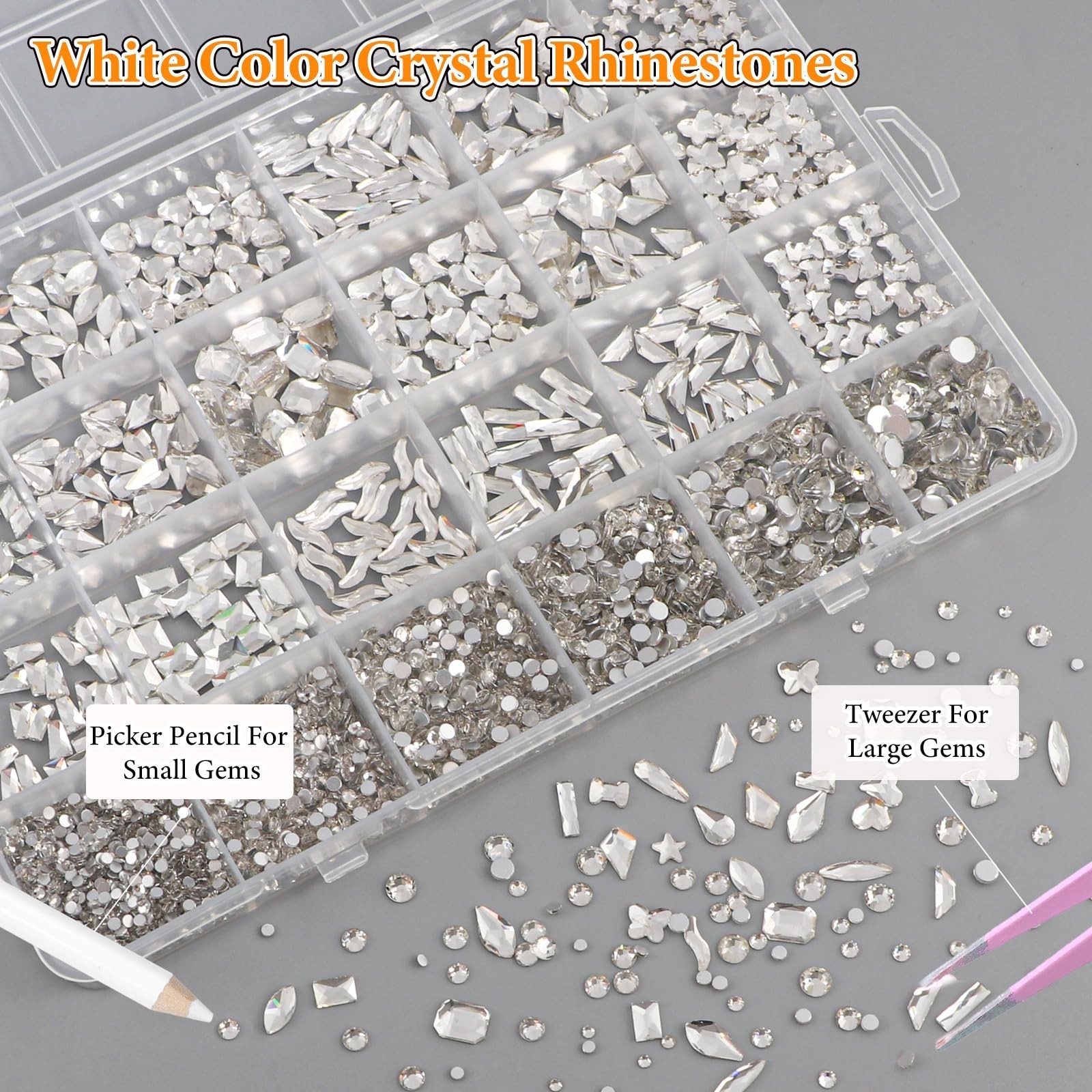 White Nail Art Rhinestones Kit – Multi Shapes & Sizes Flatback Gems for DIY Nail
