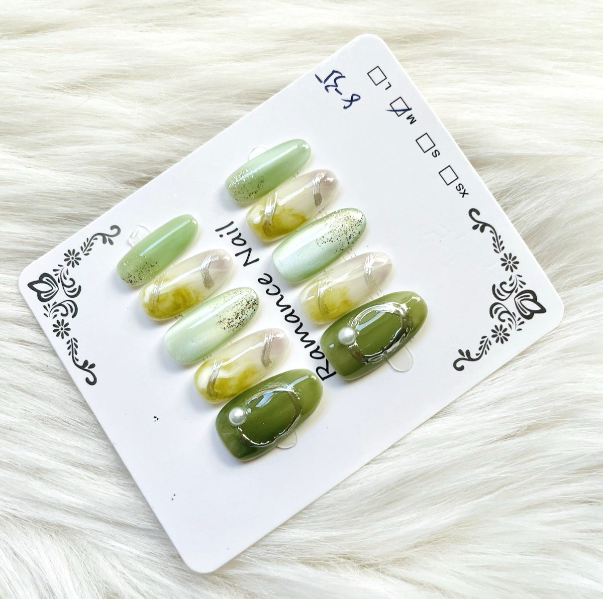 Green Silver Pearl Cateye Premium Press On Nails Size Medium, Long Length Almond