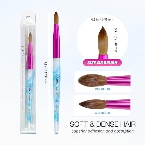 Acrylic Nail Brush Size 8 – Pure Kolinsky Hair, Round Shape, Blue Handle, Pink F