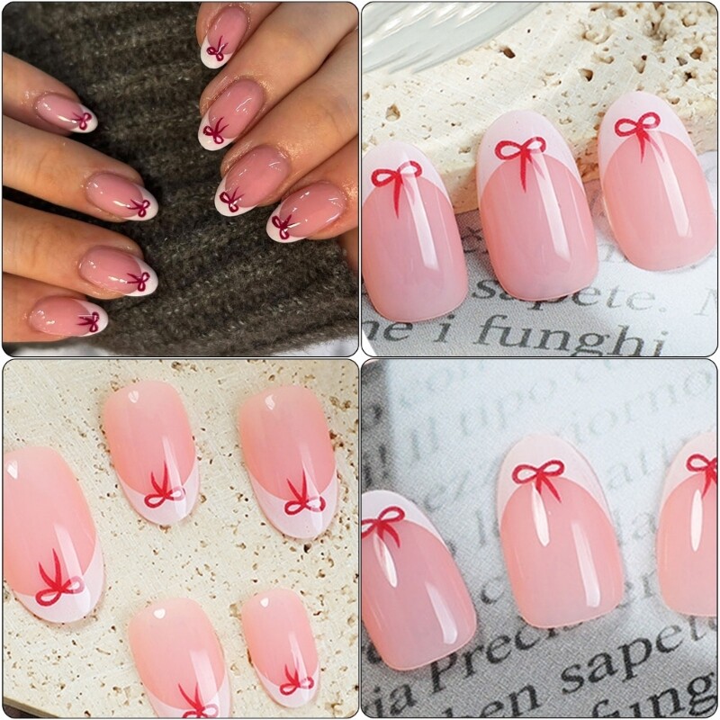 24 Pieces Short Length Almond Press On Glossy Bows Designs French Tip