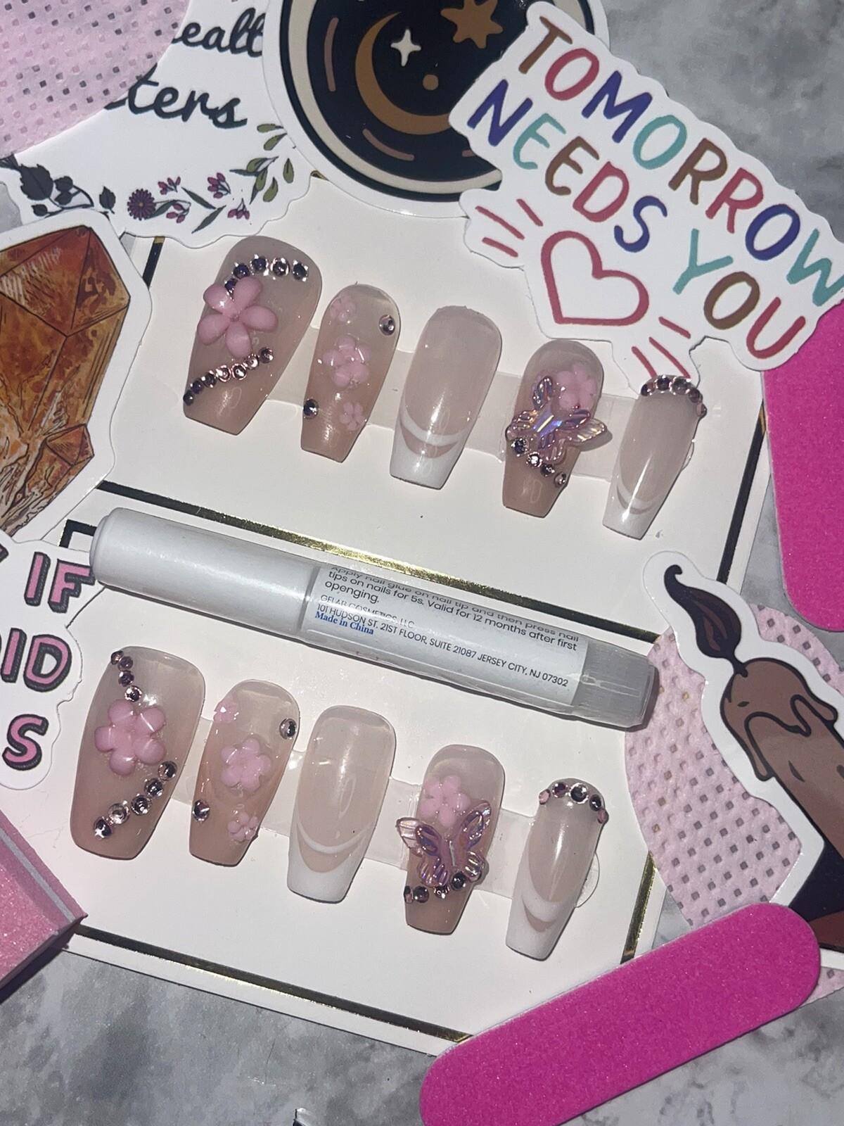 White And Pink French Tip W/ Rhinestones Press on Nails. includes Prep Kit