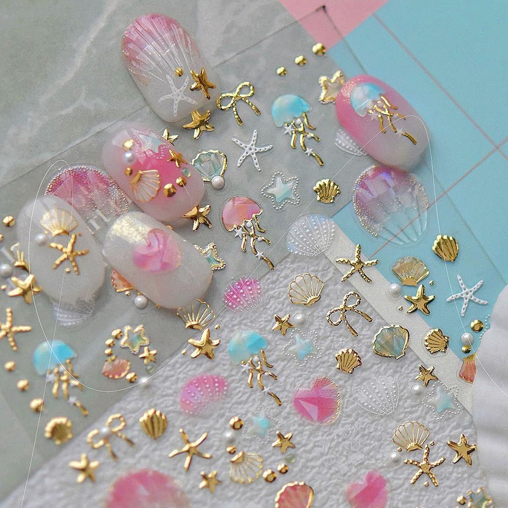 Shiny Golden Jellyfish Starfish Seashell Sea Beach Summer Nail Stickers Cute Bow