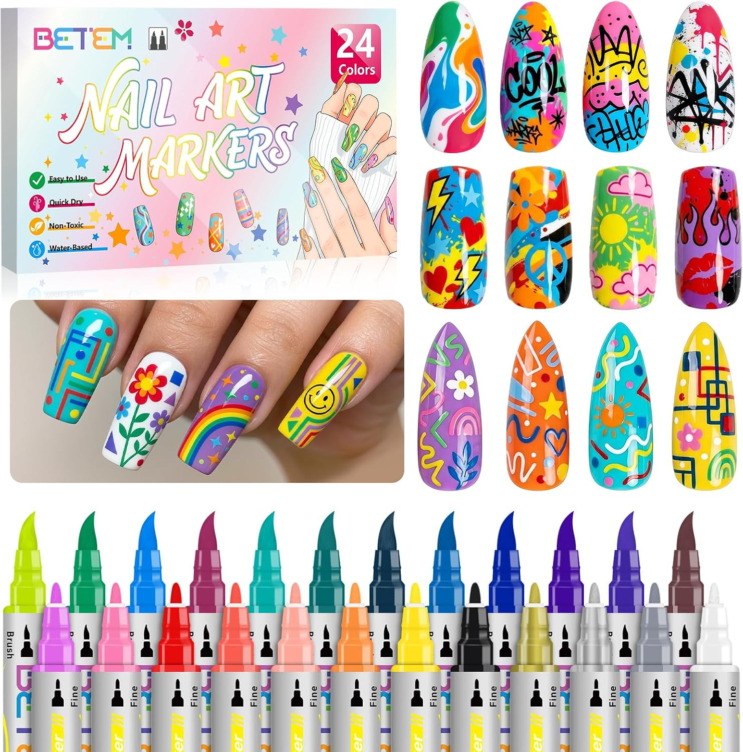 Nail Art Pens Set, Dual Tip 24 Colors Nails Art Markers Non-Toxic, Quick-Drying