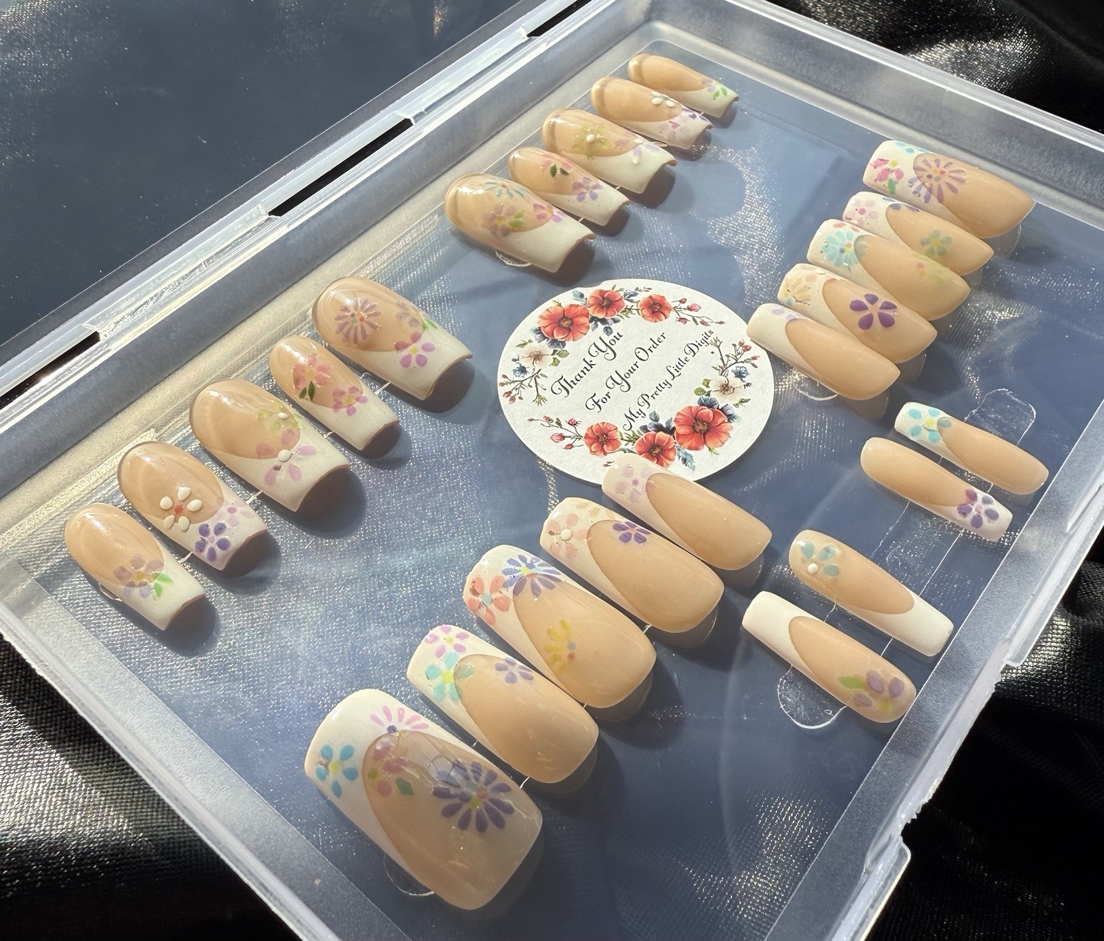 Handmade Press On Nails, Square Acrylic Gel French w/Flowers~With Free Gifts💝