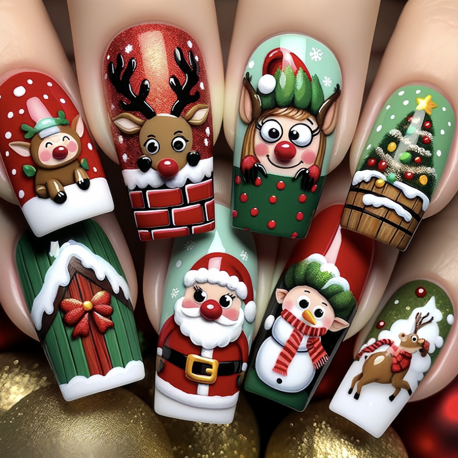 216pcs Christmas Press on Nails Santa Snowman Reindeer Festive False Nails 9Pack
