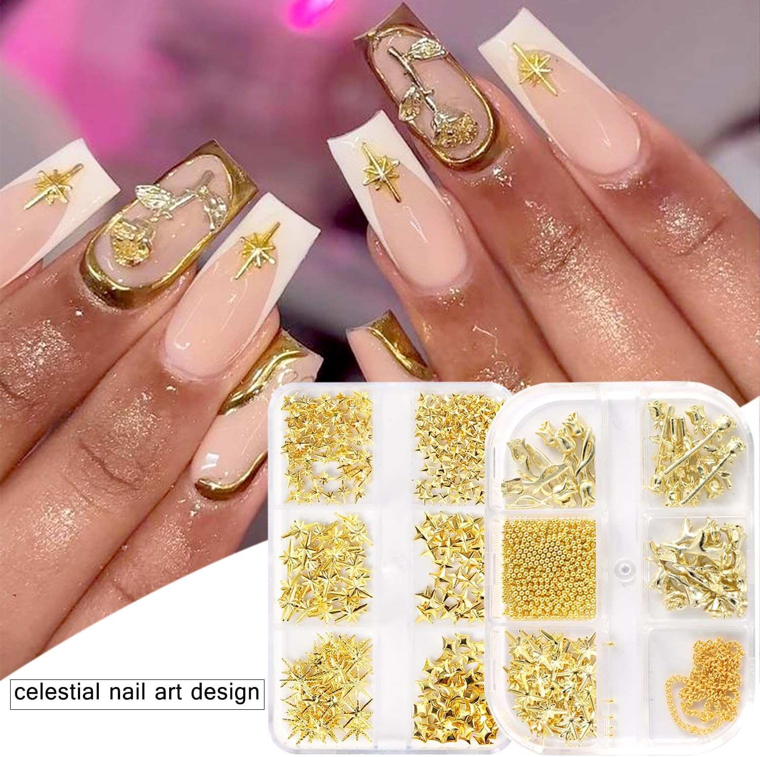 Star Nail Charms, 2 Boxes Gold Nail Charms Twinkle Stars Rose Flowers Cross Meta