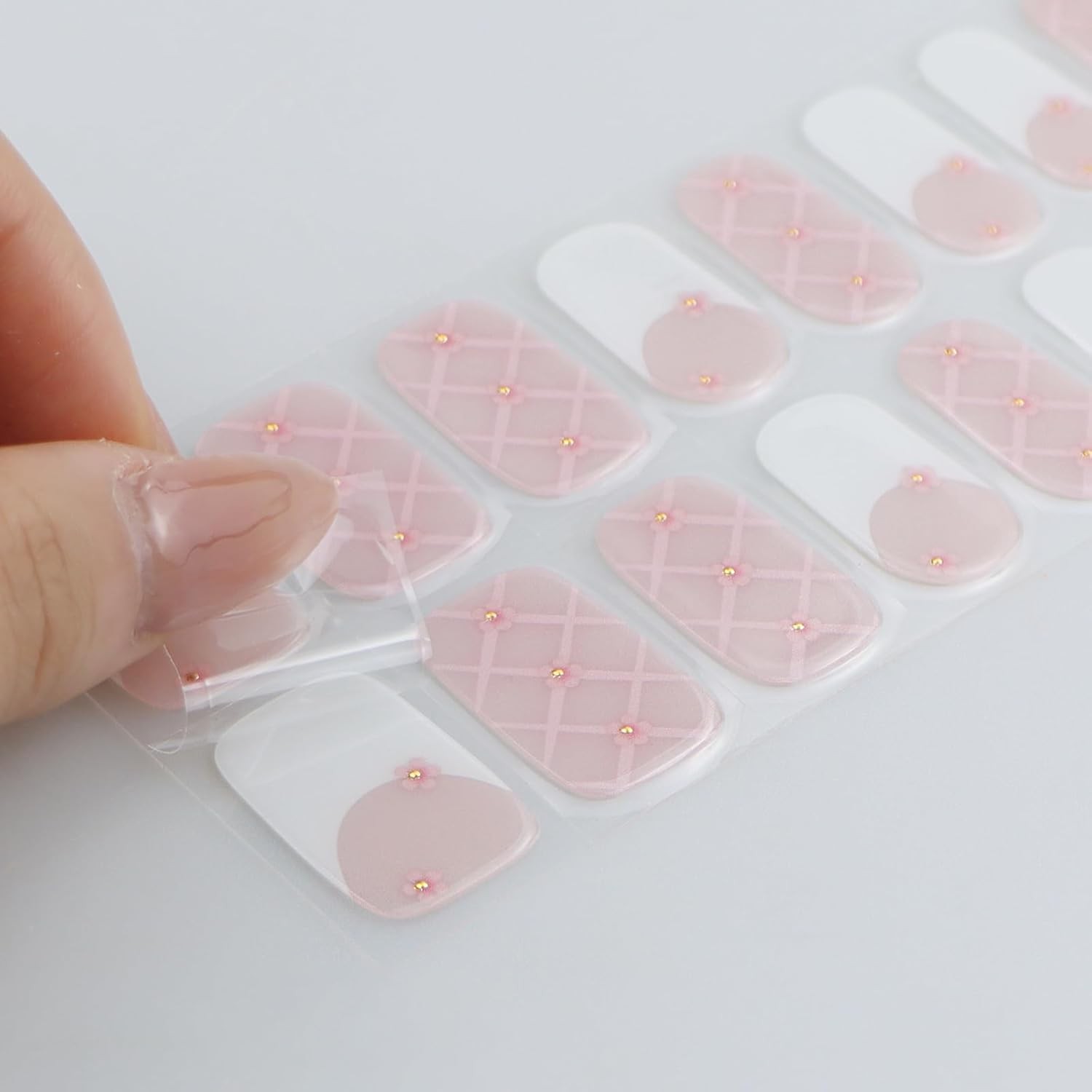 Semi Cured Gel Nail Strips French Tip White Pink Flower Design UV LED Nail Art