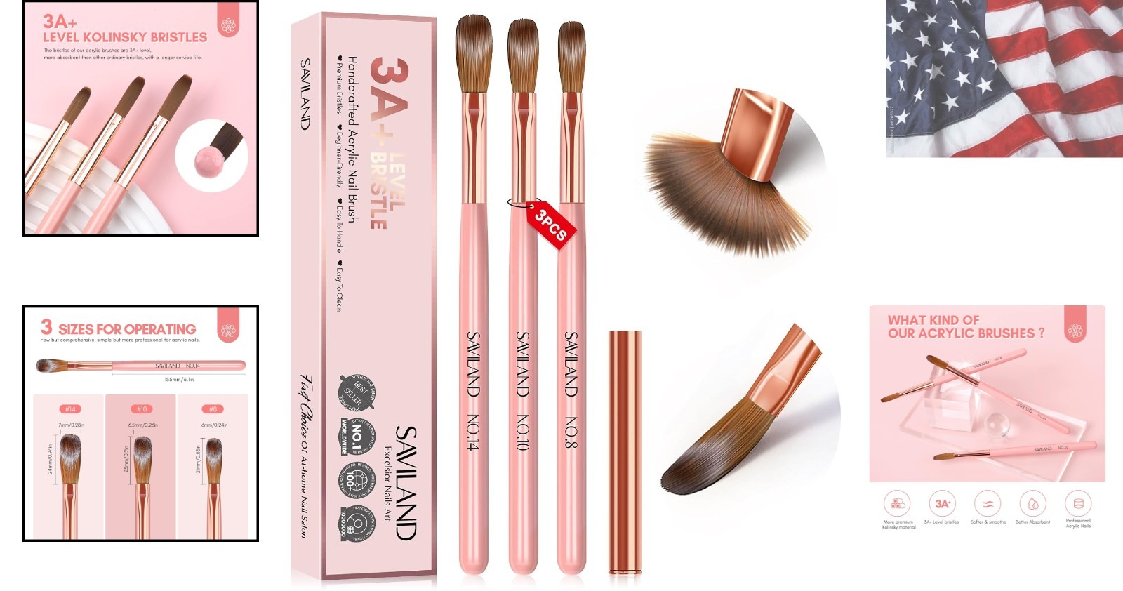 3PCS Acrylic Nail Brush Set: Size 8/10/14 Kolinsky Acrylic Nail Brushes for A…