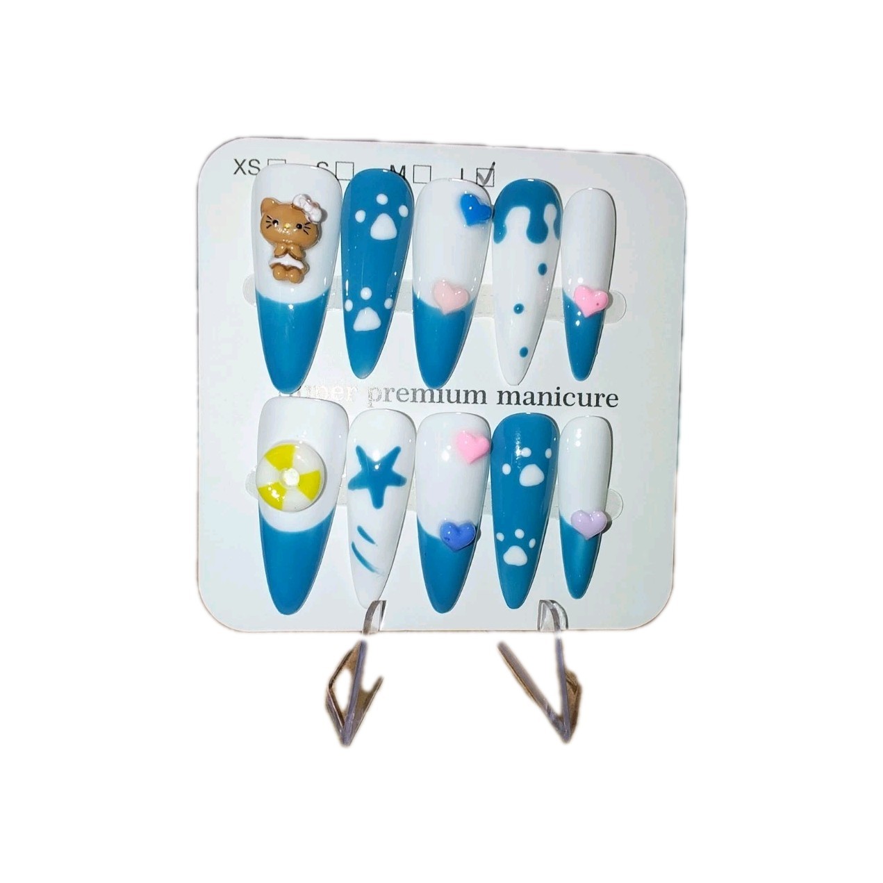 Blue White Pink 3D Animal Heart Star Stiletto Nail Art Charms Press on Nails