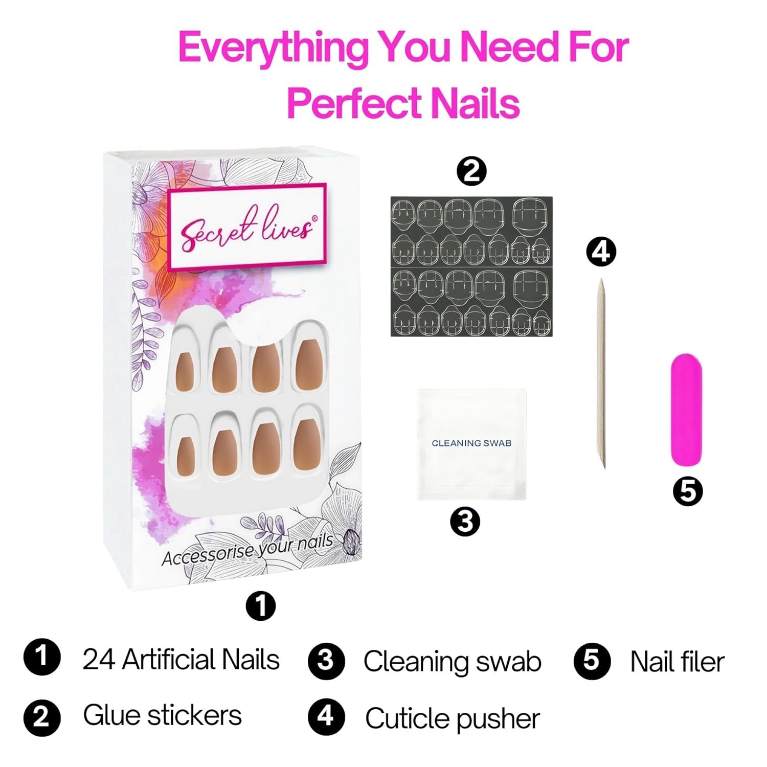 Secret Lives Reusable Press On Nails Matte Brown 24 Pieces Fake Nails Artificial