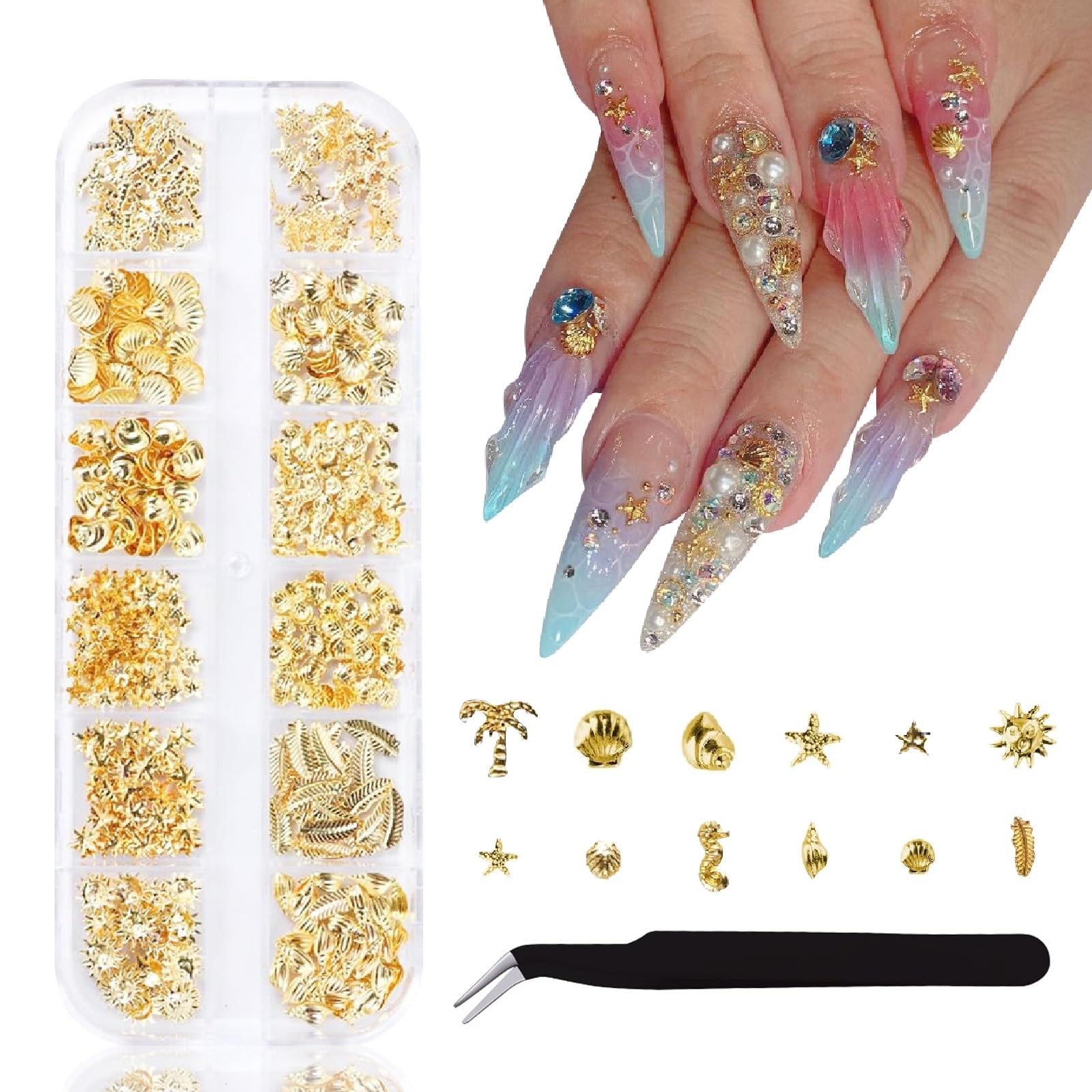 Ocean Nail Art Charms 3D Metal Beach Nail Charms and Gems Gold Shell Seahorse…