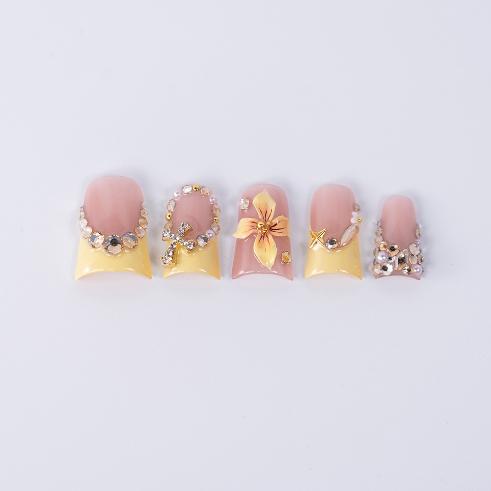 10/20PCS Handmade Square Press On Nails Yellow Floral Rhinestones Fake Nail XS-M