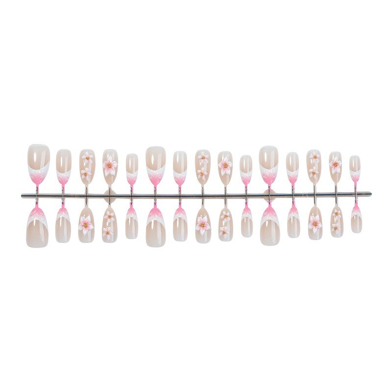 24Pcs-Long Almond Sheer Nude Pink Gradient 3D Cherry Blossom Press on Nails