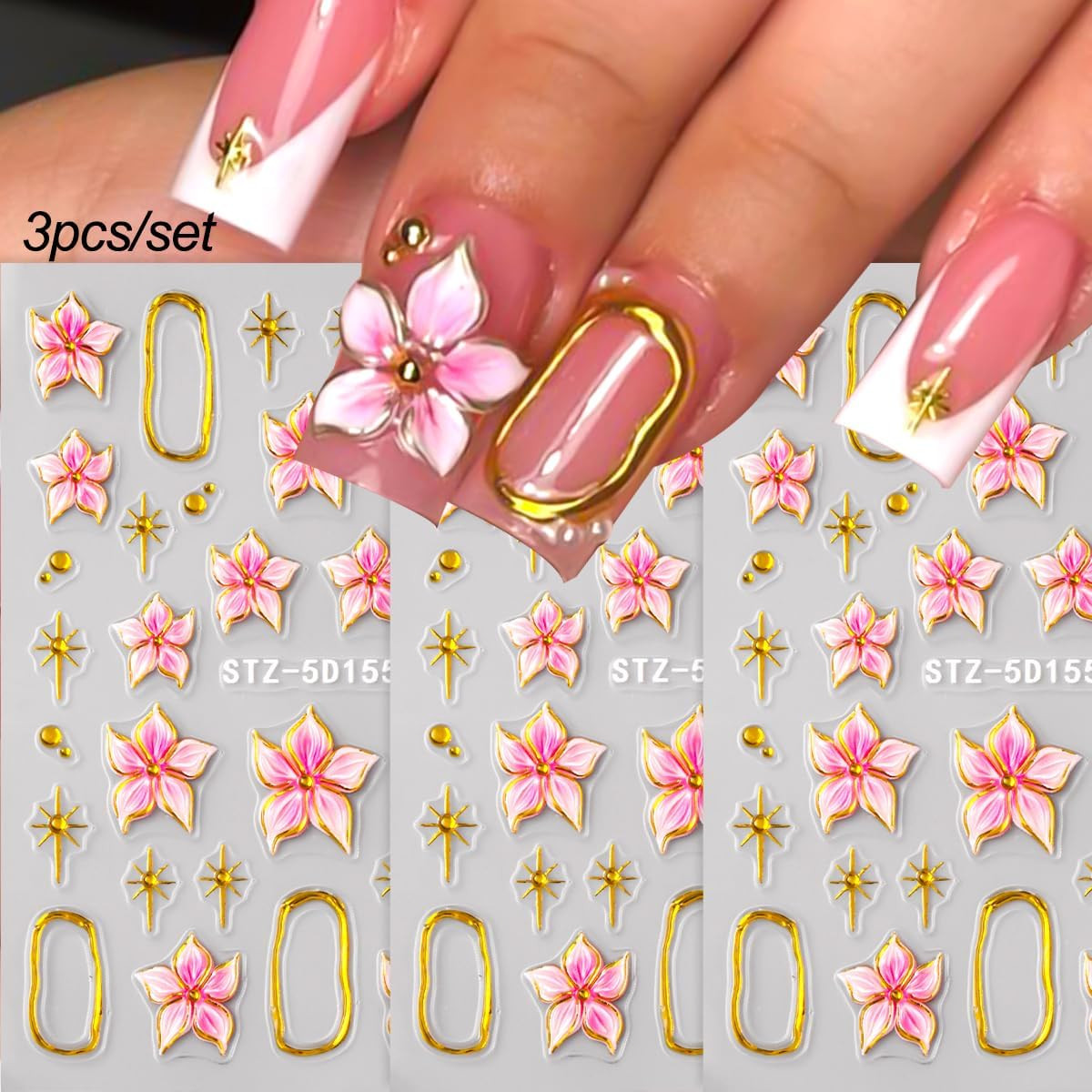 Flower Nail Art Stickers Decals,3 Sheets 5D Embossed Self Adhesive Stickers | Pi