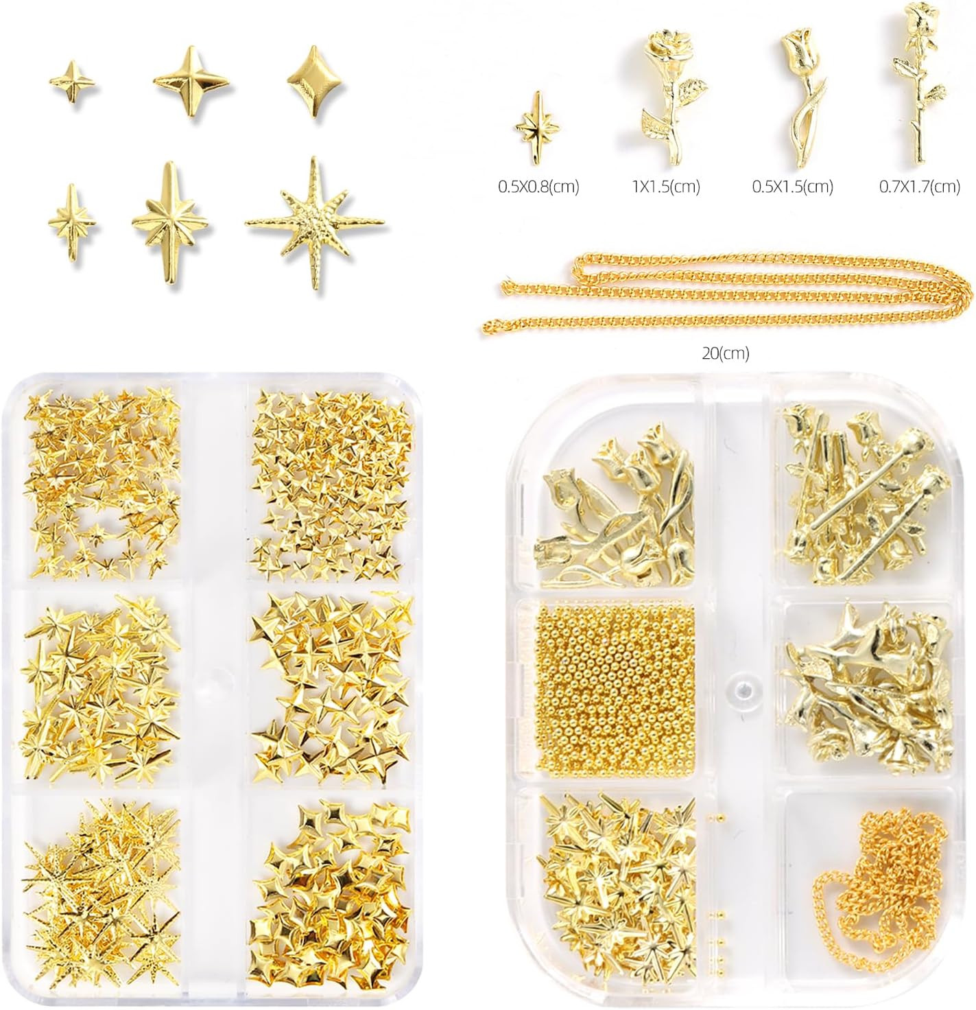 Star Nail Charms, 2 Boxes Gold Nail Charms Twinkle Stars Rose Flowers Cross Meta