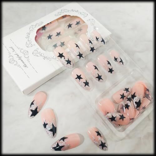 24Pcs Medium Almond Press on Nails with Black Five-pointed Star Design, Glossy