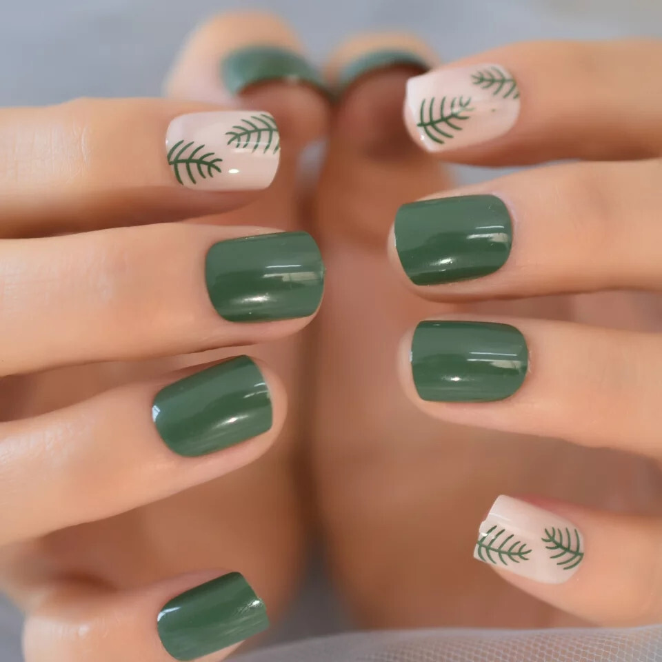 24 Short press on nails kit w glue green fern nude dark