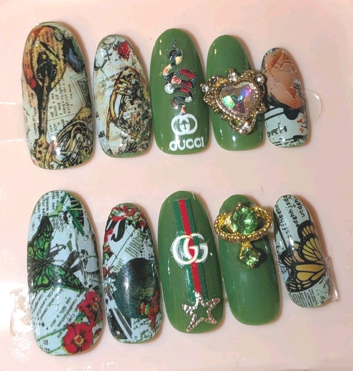 Printed custom decorative 10pc short acrylic press on nails sz medium Glue…