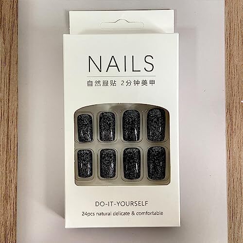 Black Press on Nails Medium Square Fake Nails Glossy False Black With Glitter