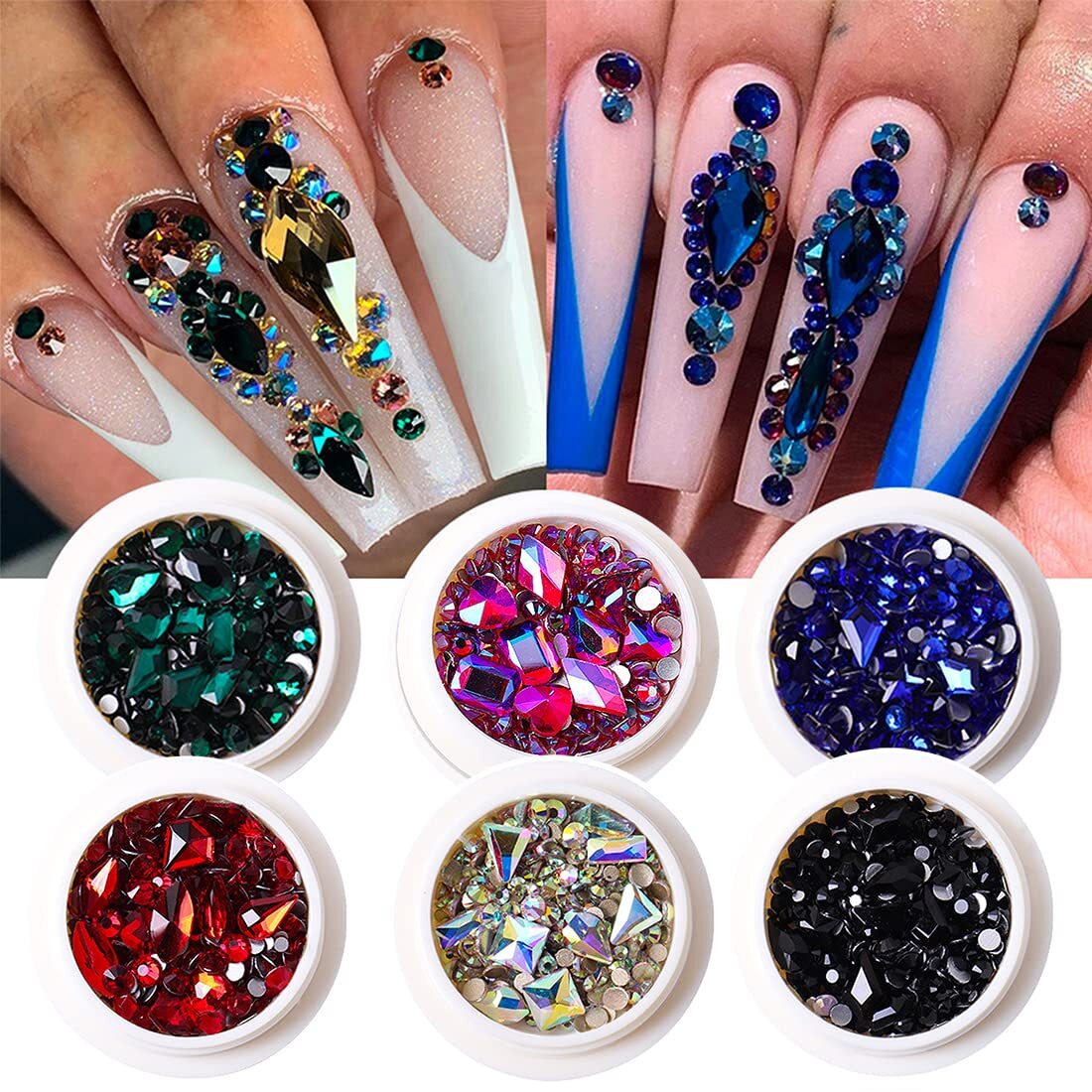 6 Boxes Green Blue Black Pink AB Red Rhinestones for Nails Flat Back Nail Cry…