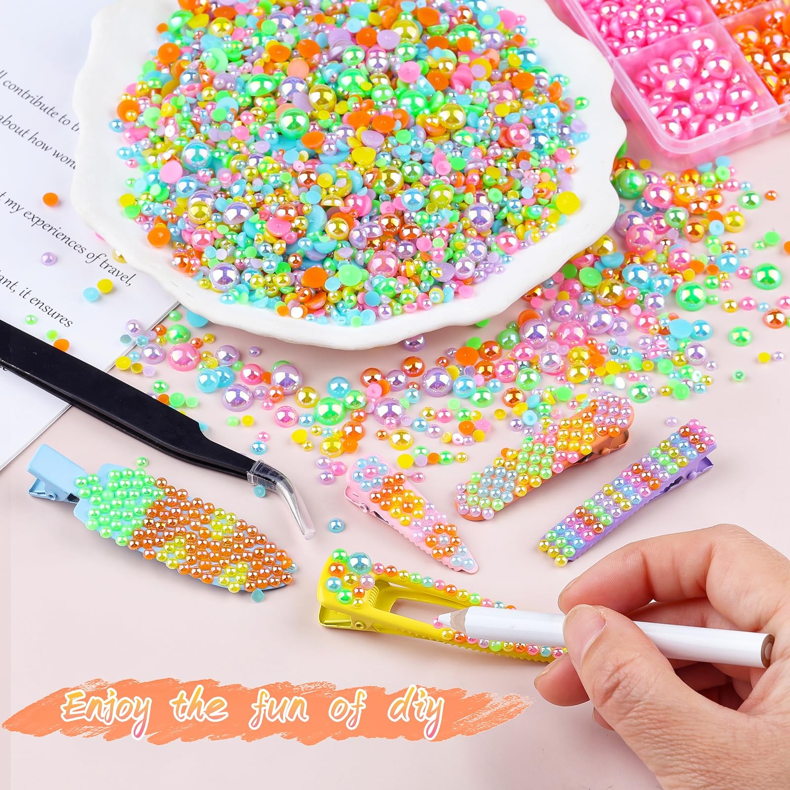 8500PCS Rainbow Flatback Pearls Set, 3/4/6/8mm Pink Purple Blue Half Round Pe…
