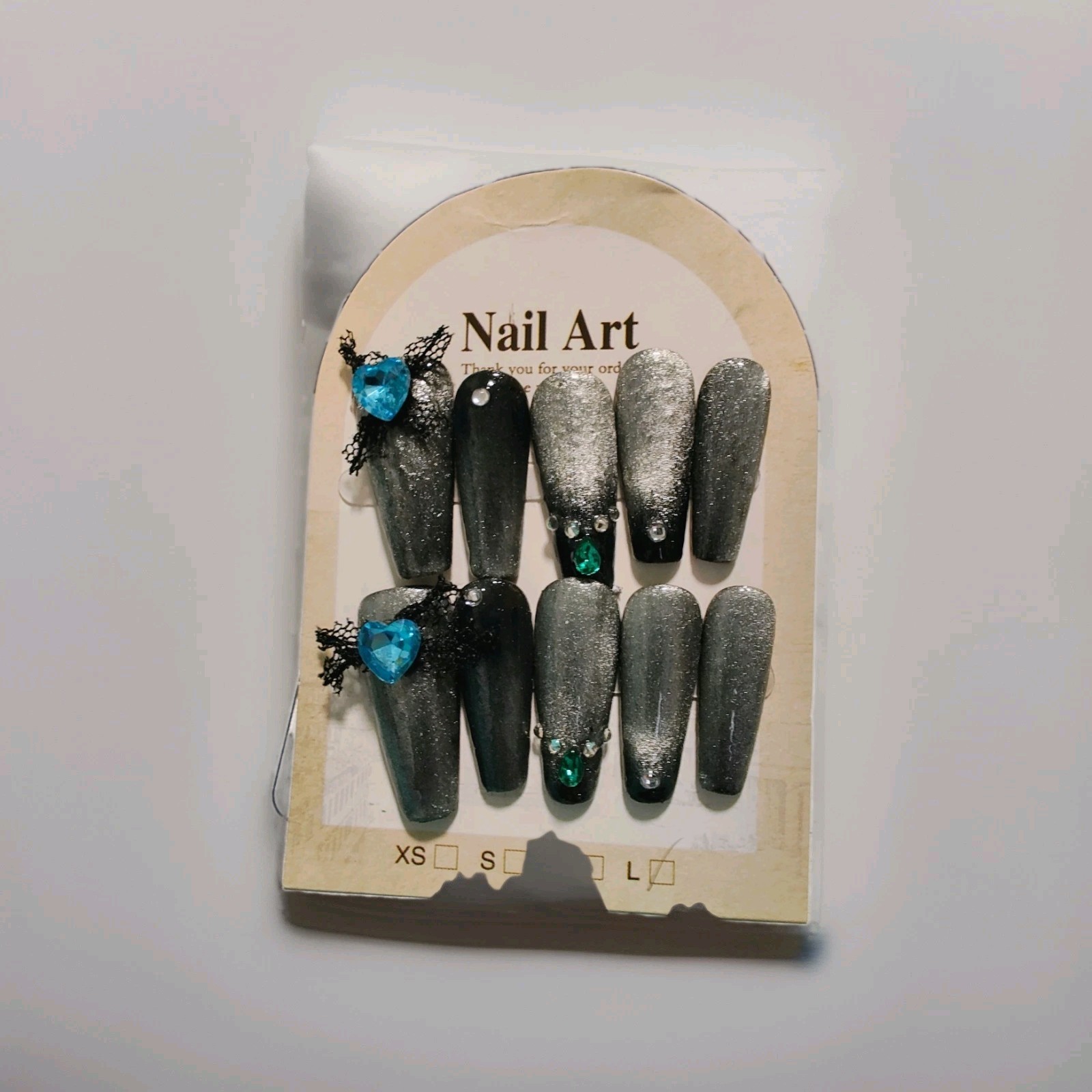 Black Silver Cat Eye Glitter 3D Gemstone Long Coffin Press-On Nails Full Cover