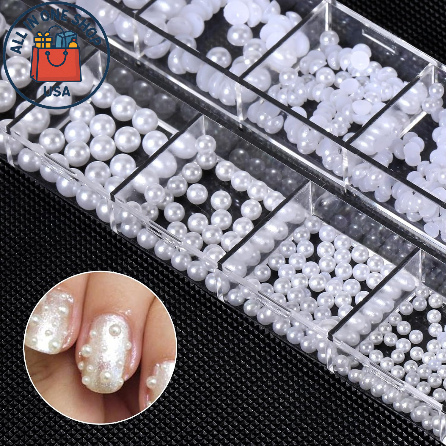 White Flatback Nail Pearls – 3D Charms for Manicure & DIY Design 12-Grid